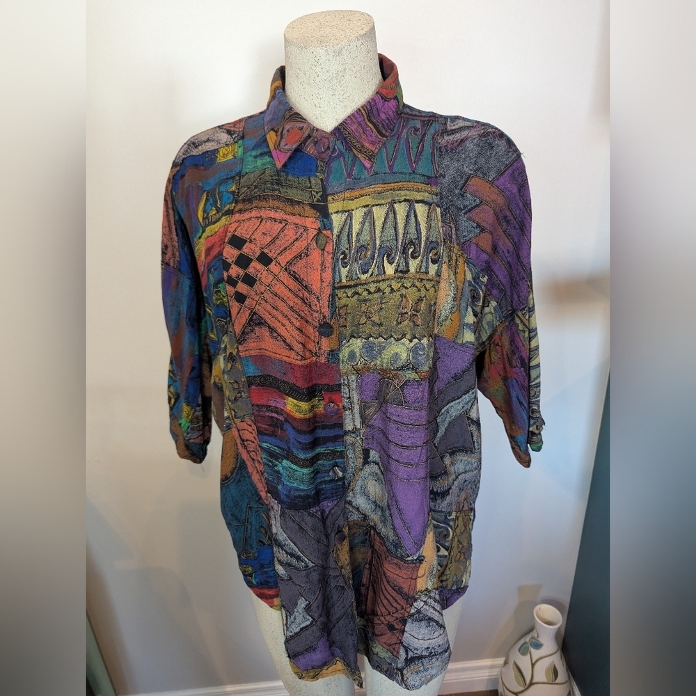 Vintage 80s Rayon Multicolor Wing Sleeve Oversized Abstract Women's Shirt Sz XL